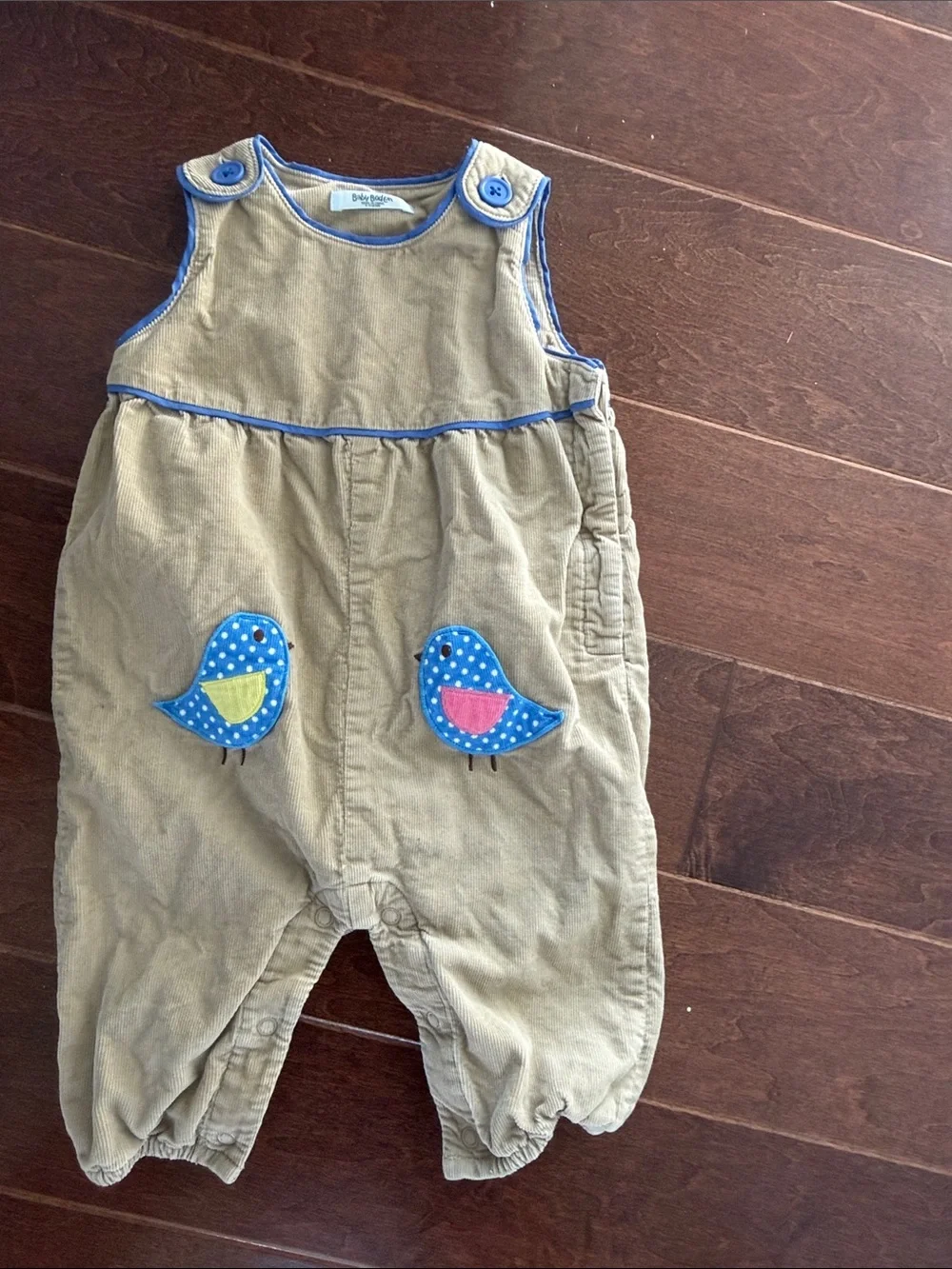 Tan Corduroy Baby Boden overalls with Blue Bird Applique 6-12 months